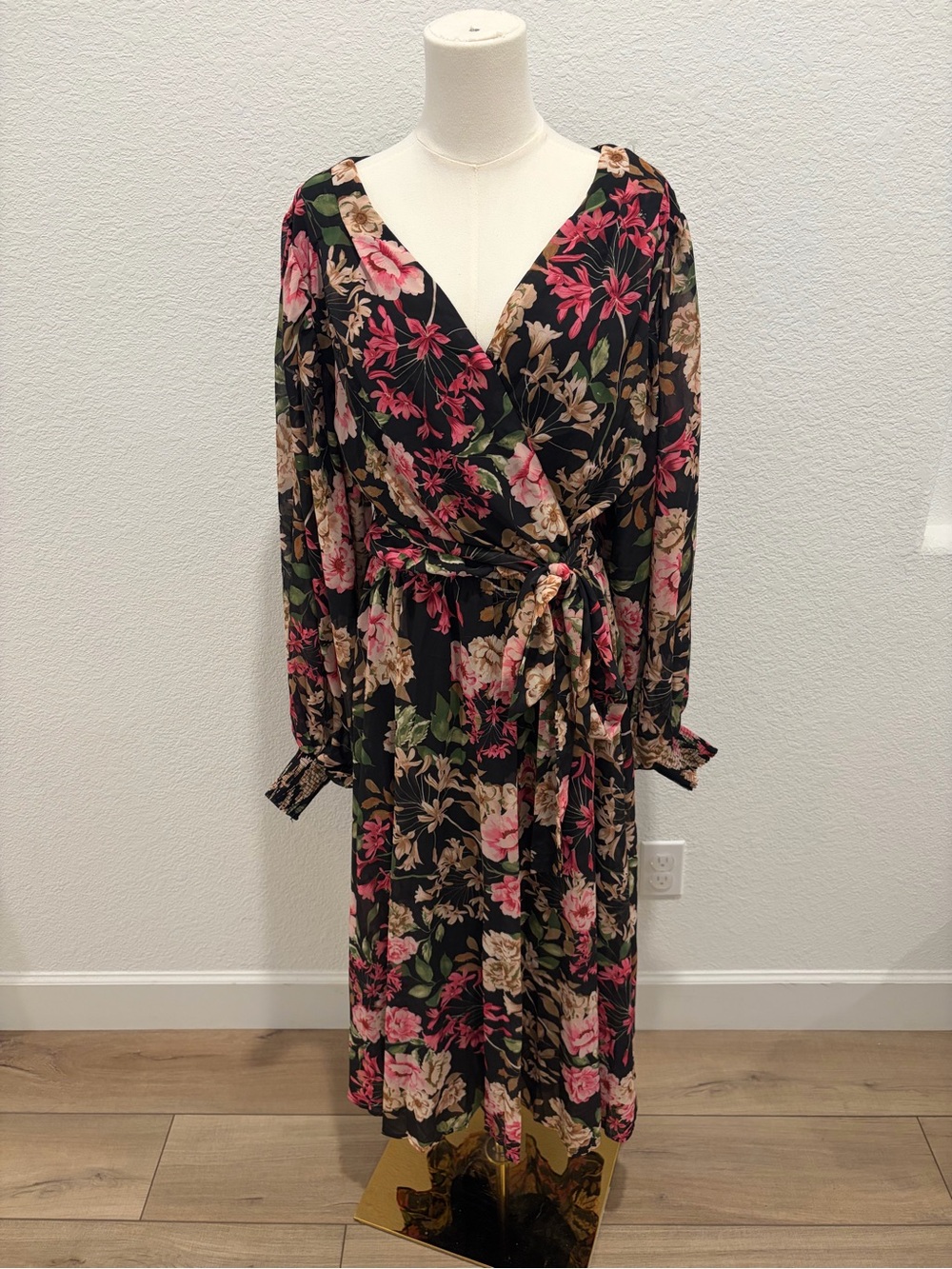 Baltic Born Black Floral Wrap Midi Dress with Pink and Cream Blooms size 1x